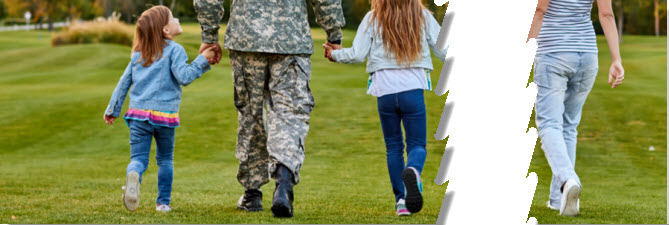 Back view soldier's family walking. Soldier at vacation. Four family members walking together holding hands.